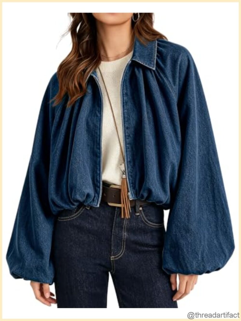 Cropped Denim Jacket Puff Sleeve Zip Up Bomber Soft Denim